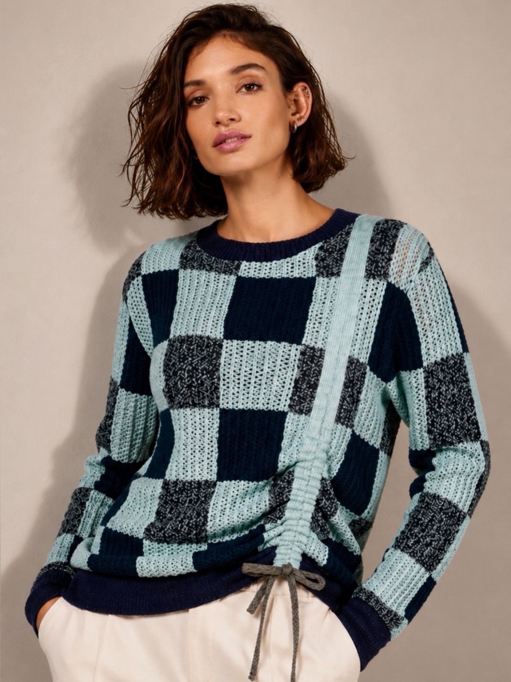 Ted’s Baker Emmalou Navy Sage Checkered Knit Ruched Sweater Size 1